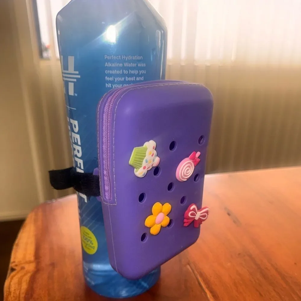 Purple Silicone Water Bottle Phone Pouch with Charms & Adjustable Stretch Strap